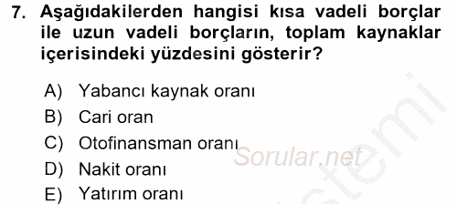 Finansal Yönetim 2016 - 2017 3 Ders Sınavı 7.Soru