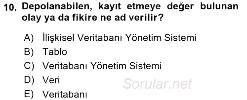 Sağlık Kurumlarında Bilgi Sistemleri 2017 - 2018 3 Ders Sınavı 10.Soru