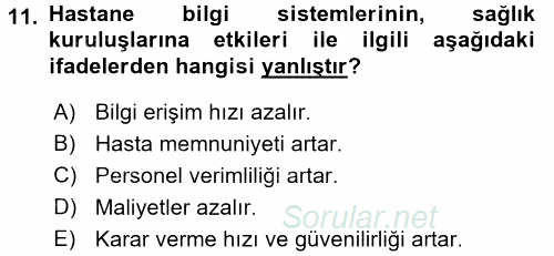 Sağlık Kurumlarında Bilgi Sistemleri 2017 - 2018 3 Ders Sınavı 11.Soru