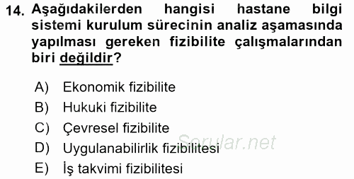 Sağlık Kurumlarında Bilgi Sistemleri 2017 - 2018 3 Ders Sınavı 14.Soru