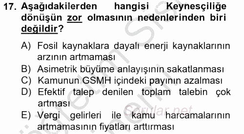 Ekonominin Güncel Sorunları 2013 - 2014 Dönem Sonu Sınavı 17.Soru