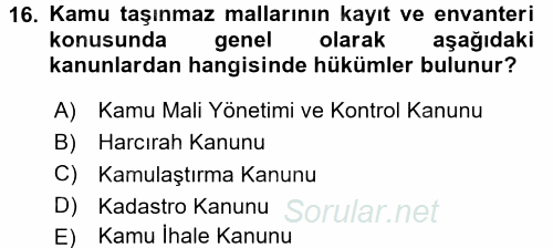 Kamu Mali Yönetimi 2017 - 2018 Dönem Sonu Sınavı 16.Soru