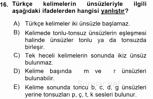 Osmanlı Türkçesi 1 2015 - 2016 Ara Sınavı 16.Soru