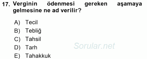 Genel Vergi Hukuku 2015 - 2016 Tek Ders Sınavı 17.Soru