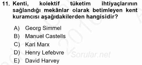 Kent Sosyolojisi 2016 - 2017 Ara Sınavı 11.Soru