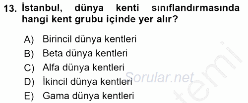 Kent Sosyolojisi 2016 - 2017 Ara Sınavı 13.Soru