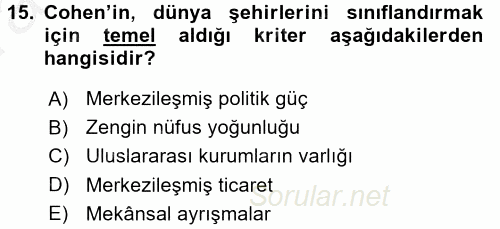 Kent Sosyolojisi 2016 - 2017 Ara Sınavı 15.Soru