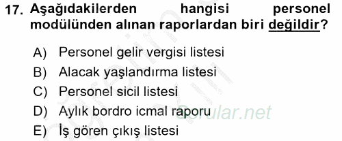 Ön Muhasebe Yazılımları Ve Kullanımı 2016 - 2017 3 Ders Sınavı 17.Soru