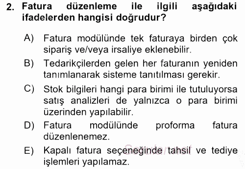 Ön Muhasebe Yazılımları Ve Kullanımı 2016 - 2017 3 Ders Sınavı 2.Soru