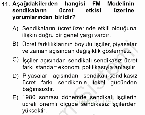 Çalışma Ekonomisi 2 2014 - 2015 Ara Sınavı 11.Soru