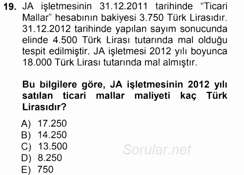 Genel Muhasebe 1 2013 - 2014 Tek Ders Sınavı 19.Soru