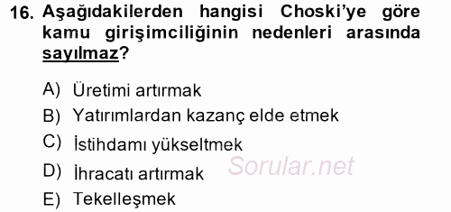 Kamu Ekonomisi 1 2013 - 2014 Tek Ders Sınavı 16.Soru
