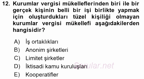 Özel Vergi Hukuku 1 2015 - 2016 Tek Ders Sınavı 12.Soru