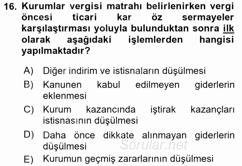 Özel Vergi Hukuku 1 2015 - 2016 Tek Ders Sınavı 16.Soru
