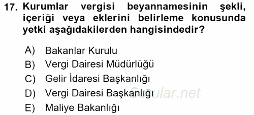 Özel Vergi Hukuku 1 2015 - 2016 Tek Ders Sınavı 17.Soru