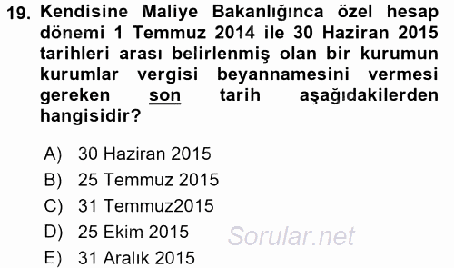 Özel Vergi Hukuku 1 2015 - 2016 Tek Ders Sınavı 19.Soru