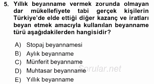 Özel Vergi Hukuku 1 2015 - 2016 Tek Ders Sınavı 5.Soru