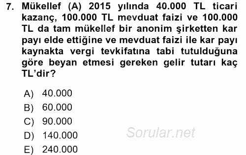 Özel Vergi Hukuku 1 2015 - 2016 Tek Ders Sınavı 7.Soru