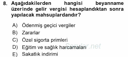 Özel Vergi Hukuku 1 2015 - 2016 Tek Ders Sınavı 8.Soru