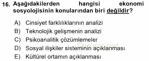 Ekonomi Sosyolojisi 2016 - 2017 3 Ders Sınavı 16.Soru