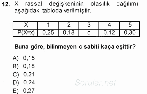 İstatistik 1 2013 - 2014 Dönem Sonu Sınavı 12.Soru