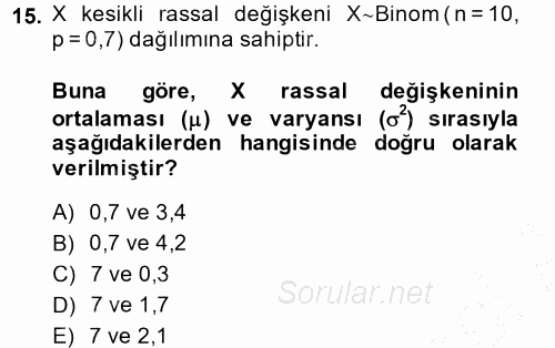 İstatistik 1 2013 - 2014 Dönem Sonu Sınavı 15.Soru