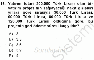 Girişim Finansmanı 2015 - 2016 Ara Sınavı 16.Soru