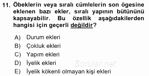 Türkçe Biçim Bilgisi 2017 - 2018 Ara Sınavı 11.Soru