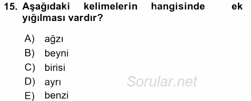 Türkçe Biçim Bilgisi 2017 - 2018 Ara Sınavı 15.Soru