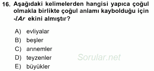Türkçe Biçim Bilgisi 2017 - 2018 Ara Sınavı 16.Soru