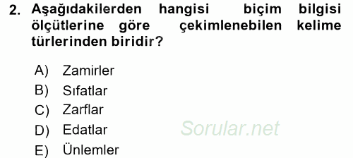 Türkçe Biçim Bilgisi 2017 - 2018 Ara Sınavı 2.Soru