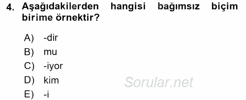 Türkçe Biçim Bilgisi 2017 - 2018 Ara Sınavı 4.Soru