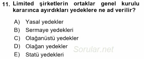 Şirketler Muhasebesi 2017 - 2018 Ara Sınavı 11.Soru