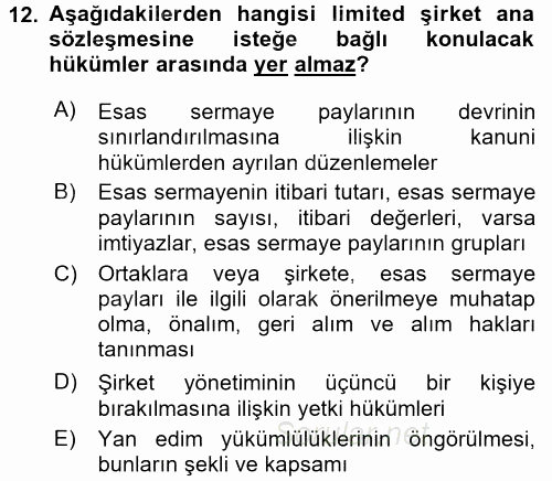 Şirketler Muhasebesi 2017 - 2018 Ara Sınavı 12.Soru