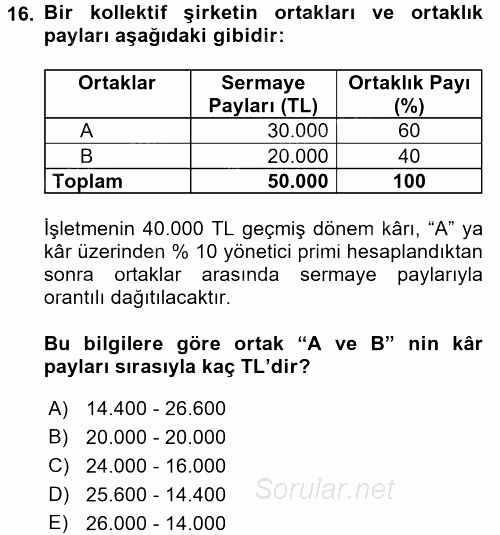 Şirketler Muhasebesi 2017 - 2018 Ara Sınavı 16.Soru