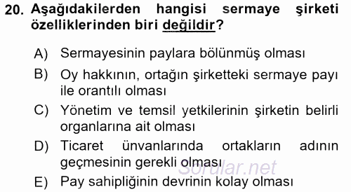Şirketler Muhasebesi 2017 - 2018 Ara Sınavı 20.Soru