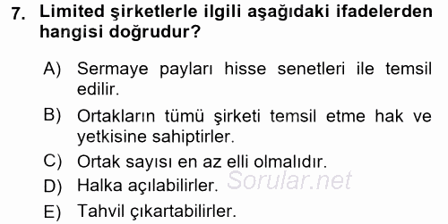 Şirketler Muhasebesi 2017 - 2018 Ara Sınavı 7.Soru