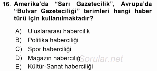 Haber Türleri 2017 - 2018 3 Ders Sınavı 16.Soru