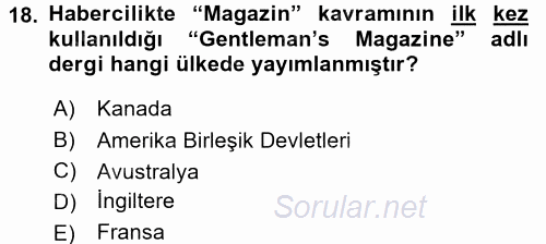 Haber Türleri 2017 - 2018 3 Ders Sınavı 18.Soru