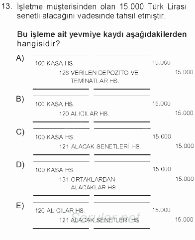 Genel Muhasebe 1 2012 - 2013 Tek Ders Sınavı 13.Soru