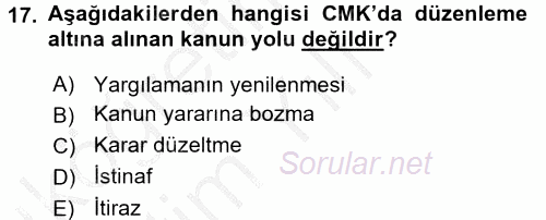 Ceza Muhakemesi Hukuku 2016 - 2017 3 Ders Sınavı 17.Soru