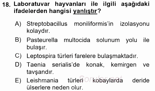 Laboratuvar Hayvanlarını Yetiştirme ve Sağlığı 2015 - 2016 Dönem Sonu Sınavı 18.Soru