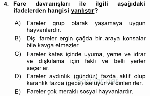 Laboratuvar Hayvanlarını Yetiştirme ve Sağlığı 2015 - 2016 Dönem Sonu Sınavı 4.Soru