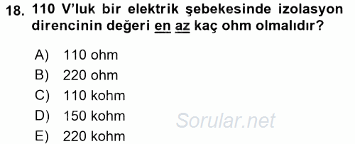Elektrik Bakım, Arıza Bulma ve Güvenlik 2016 - 2017 Ara Sınavı 18.Soru