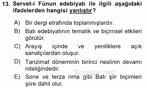 II. Abdülhamit Dönemi Türk Edebiyatı 2017 - 2018 Ara Sınavı 13.Soru