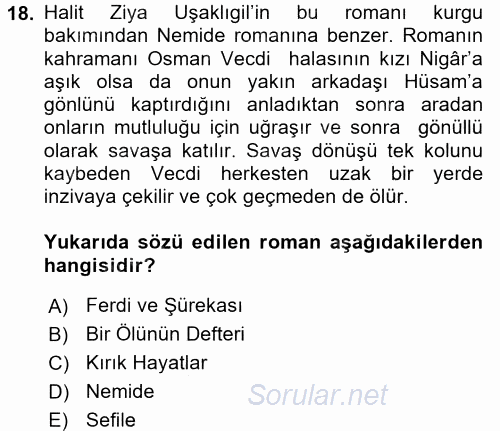 II. Abdülhamit Dönemi Türk Edebiyatı 2017 - 2018 Ara Sınavı 18.Soru