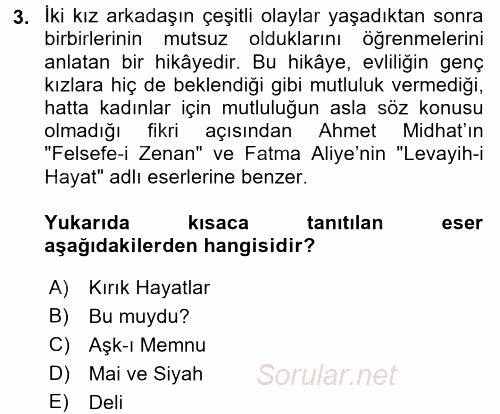 II. Abdülhamit Dönemi Türk Edebiyatı 2017 - 2018 Ara Sınavı 3.Soru