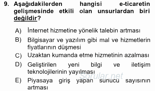 Hizmetler Ekonomisi 2016 - 2017 Dönem Sonu Sınavı 9.Soru