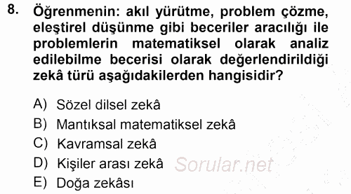 Okulöncesinde Matematik Eğitimi 2012 - 2013 Dönem Sonu Sınavı 8.Soru