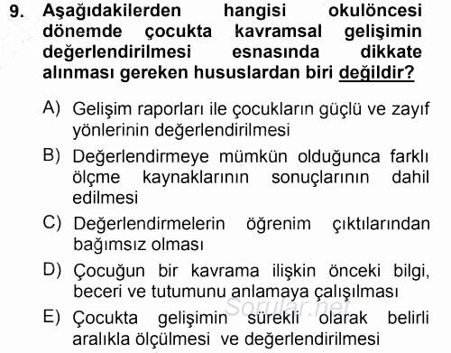 Okulöncesinde Matematik Eğitimi 2012 - 2013 Dönem Sonu Sınavı 9.Soru